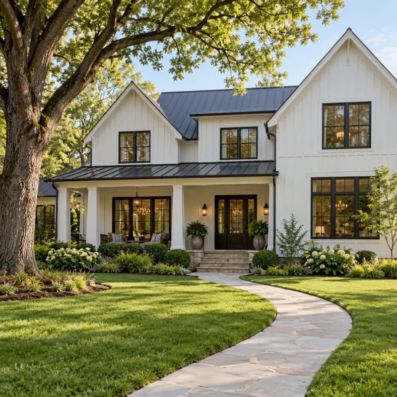A white modern farmhouse with black windows and a standing seam porch roof, set on a level lawn under a large tree with a curved stone front walk and clipped shrubs