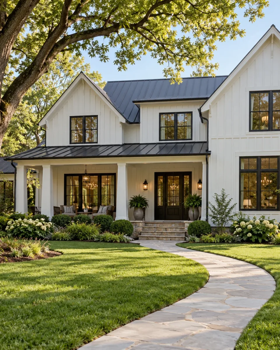 A white modern farmhouse with black windows