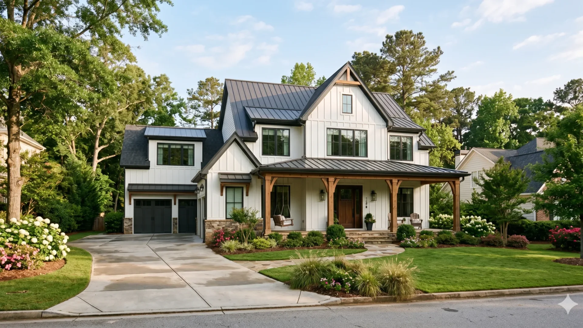 A white modern farmhouse with a covered porch and a dark garage door