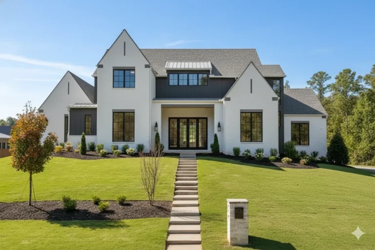 A white modern farmhouse with a stepped front walk across a sloping lawn