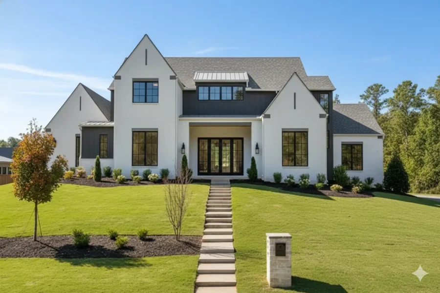 A white modern farmhouse with a stepped front walk across a sloping lawn
