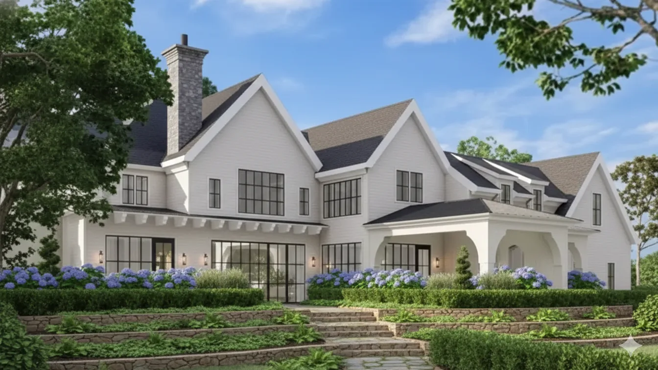 A white modern farmhouse behind terraced planting beds