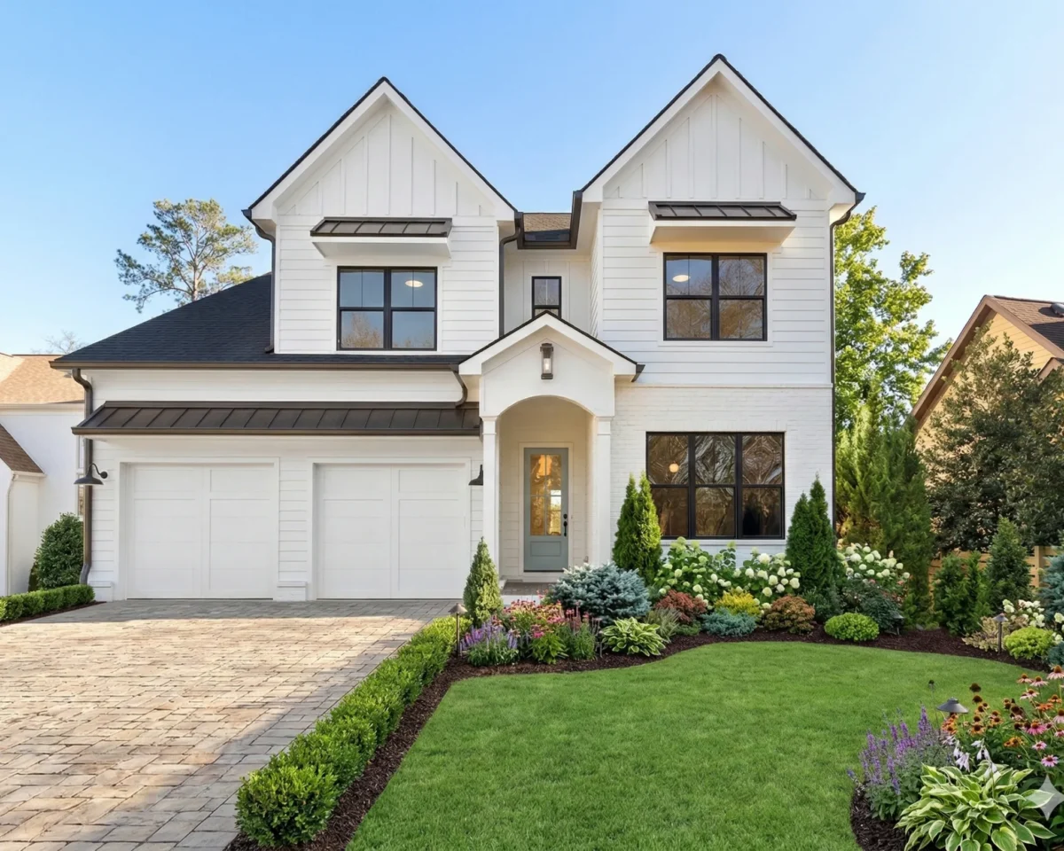 A white modern farmhouse with black trim and a two-car garage