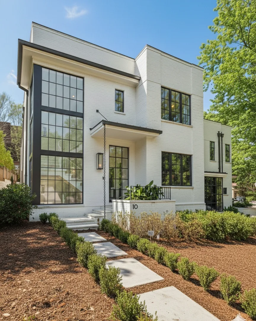 White modern two-story with a black-framed glass stair and a paver walk