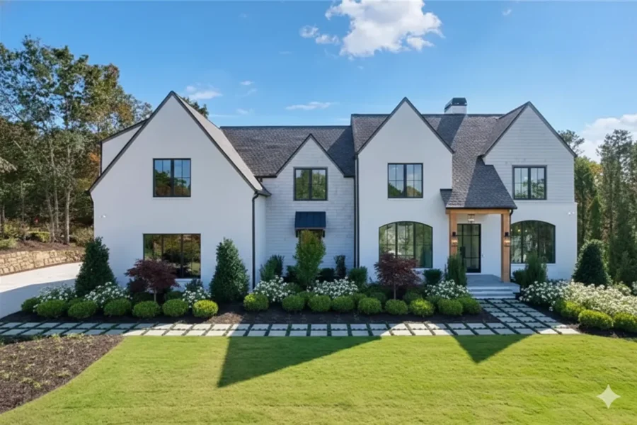A white modern house with dark window trim behind clipped hedges