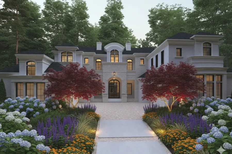 A white neoclassical house behind a formal garden with maples and hydrangeas