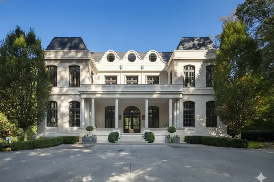 A white neoclassical mansion with dormer windows and a columned entry