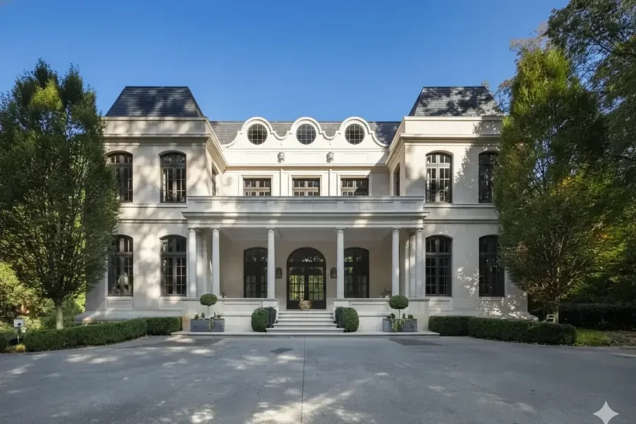 A white neoclassical mansion with tall arched windows and a wide forecourt