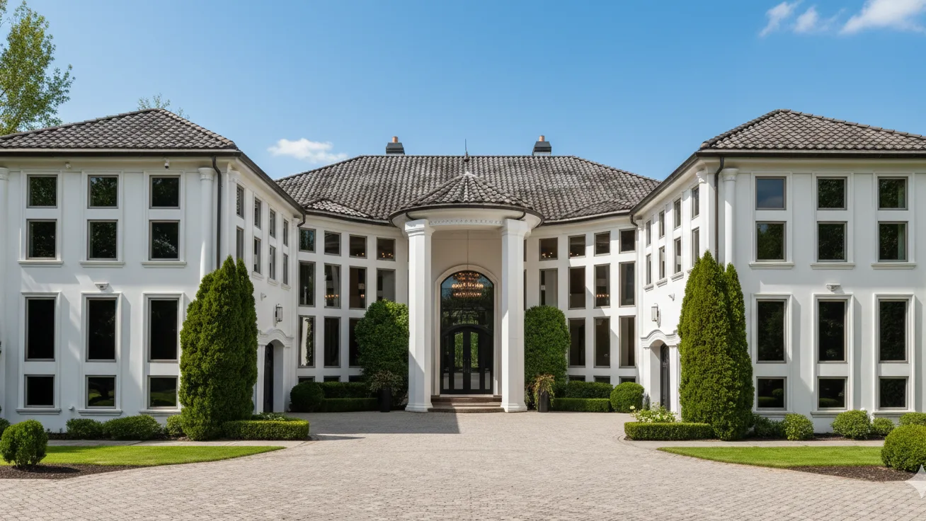 Large white neoclassical house with tall windows behind clipped cone topiary