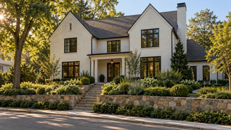 A white painted brick house with black steel framed windows standing above a stone retaining wall, with stone steps rising through layered shrub planting to a covered entry in late afternoon light