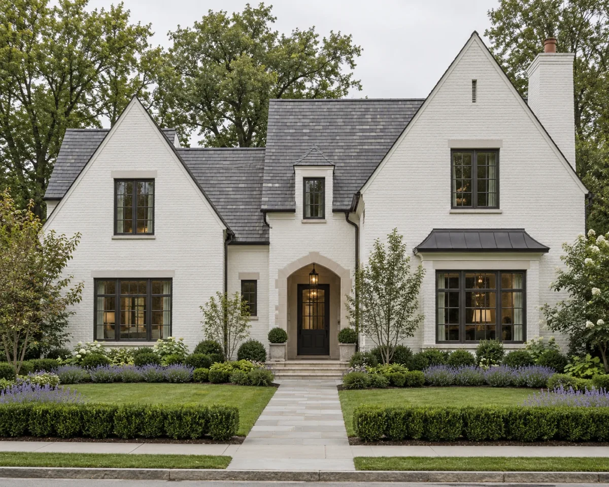 A white painted brick house with steep gables and a slate roof seen from the street on an overcast day, with a stone walk through a lawn edged in clipped box hedging and lavender