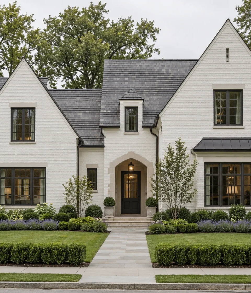 A white painted brick house with steep gables
