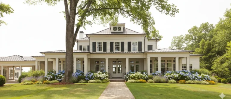 A white house with a full-width columned porch behind a hedged garden