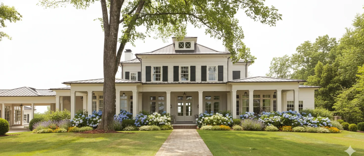 A white house with a full-width columned porch behind a hedged garden