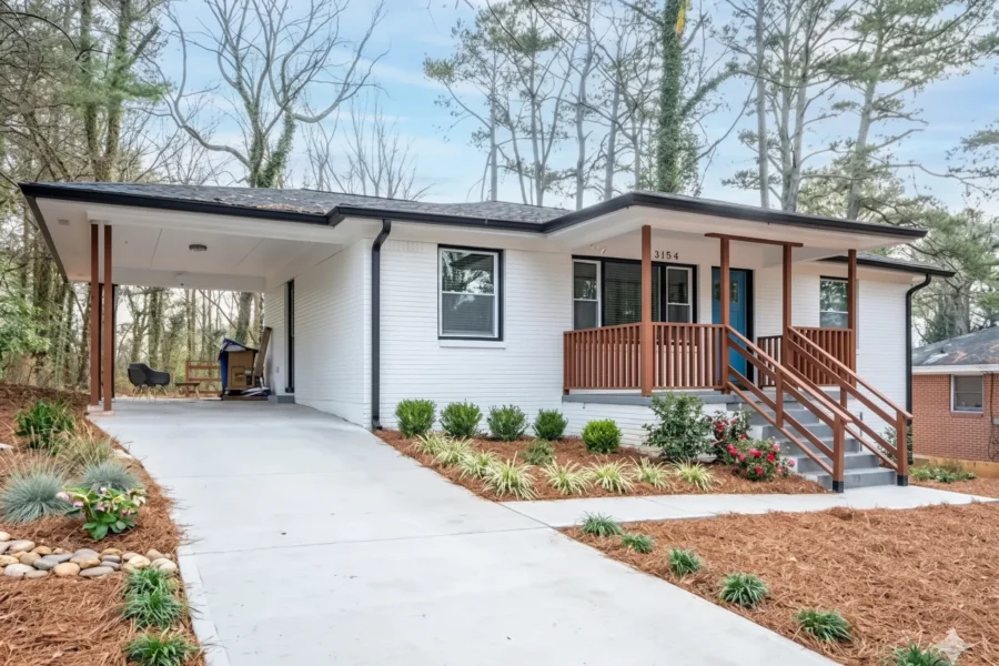 A white ranch house with a carport and a newly poured concrete drive