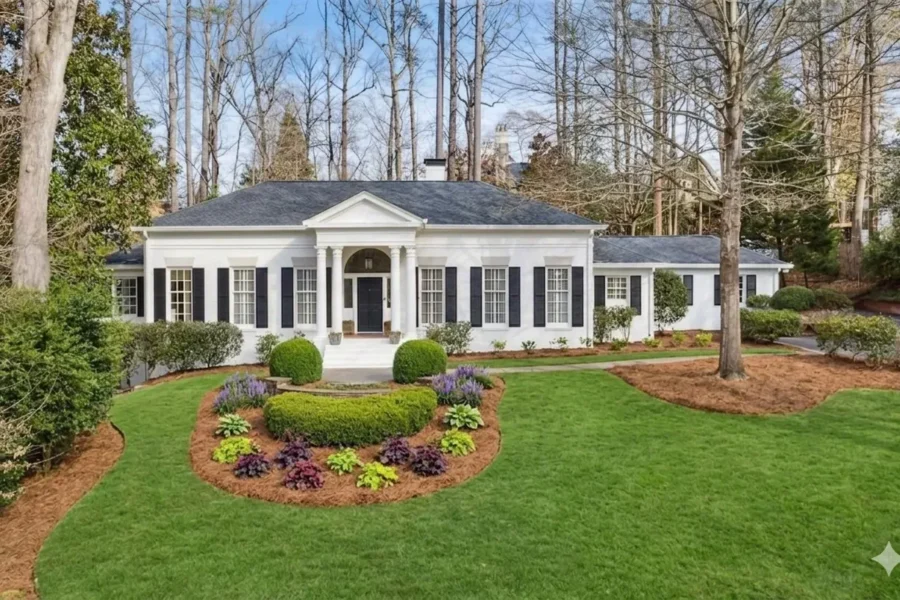 A white ranch house with a pedimented entry and manicured front beds
