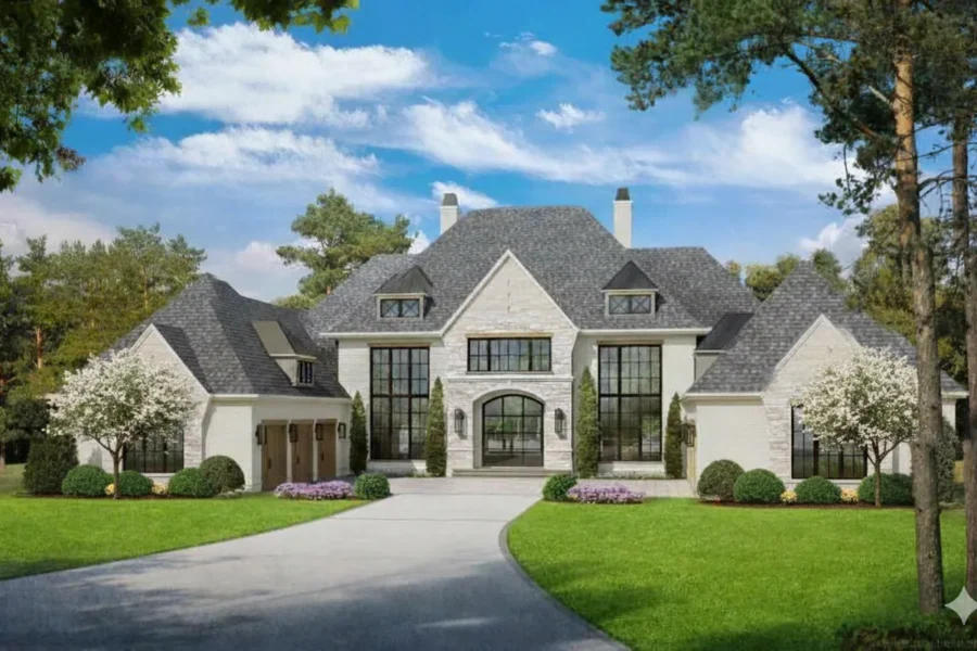 White stone French-style estate with a steep roof and formal beds