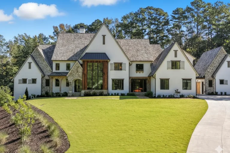 A white and stone house with steep gables above a sloping lawn and drive