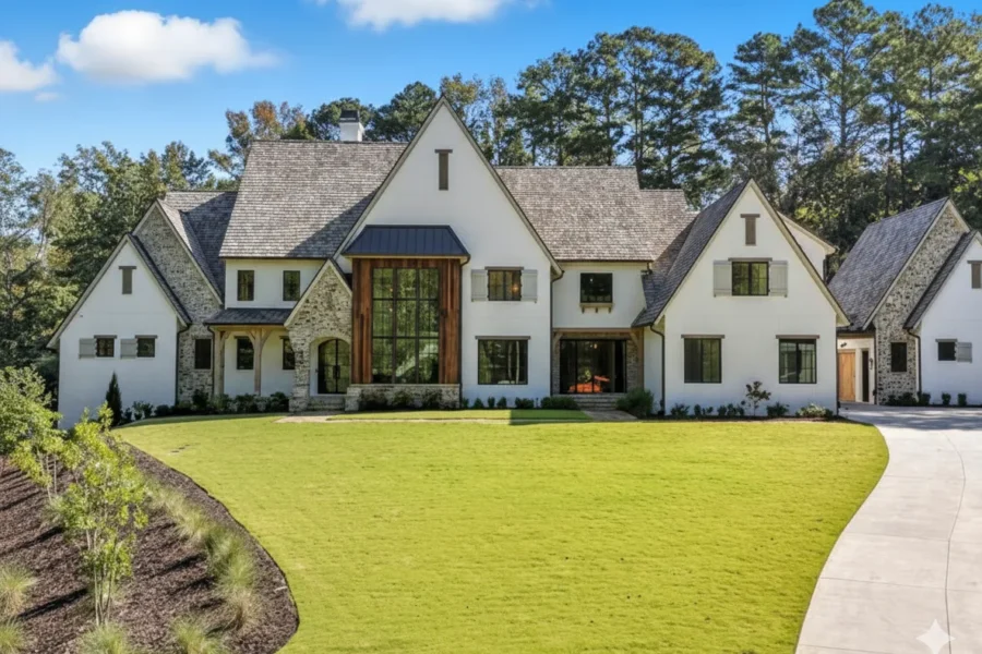 A white and stone house with steep gables above a sloping lawn and drive