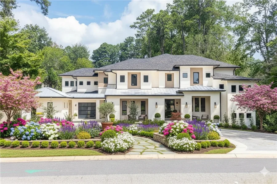 White and stone transitional house with flowering trees and layered beds