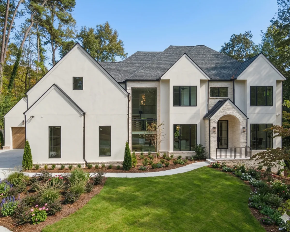 White stucco transitional house with black trim and a stone front walk