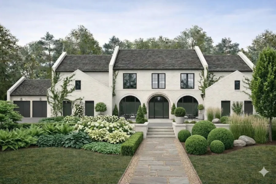 A white stucco Tudor style house with arched doors behind clipped hedging and a stone walk