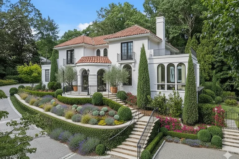 A white stucco villa with a tile roof above a terraced garden