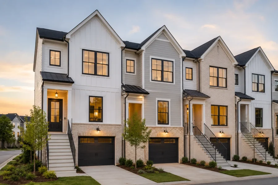 A row of new white townhomes with lit windows and tandem garages at dusk