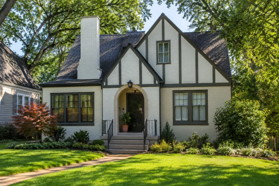 A white Tudor cottage with dark half-timbering and an arched front door