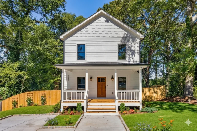 A white two-storey house with a covered front porch beside a wood privacy fence