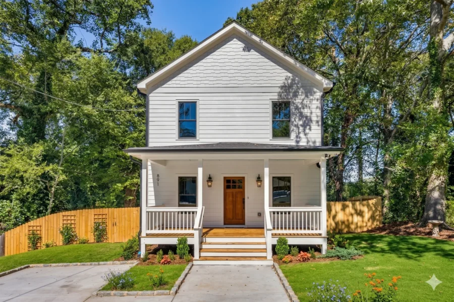 A white two-storey house with a covered front porch beside a wood privacy fence