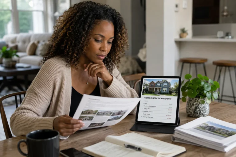 A woman at a dining table comparing a printed home value report with the same report on a tablet