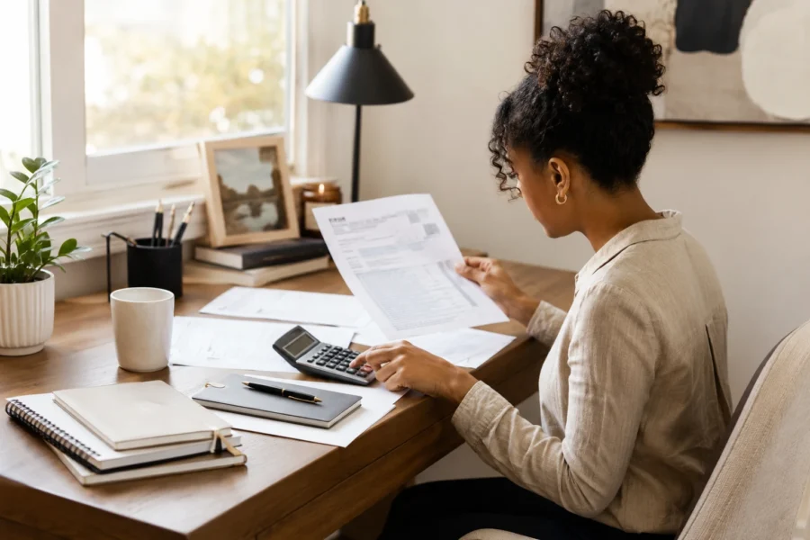 A woman at a desk by a window reading a printed document, with a calculator, notebooks and a coffee cup beside her