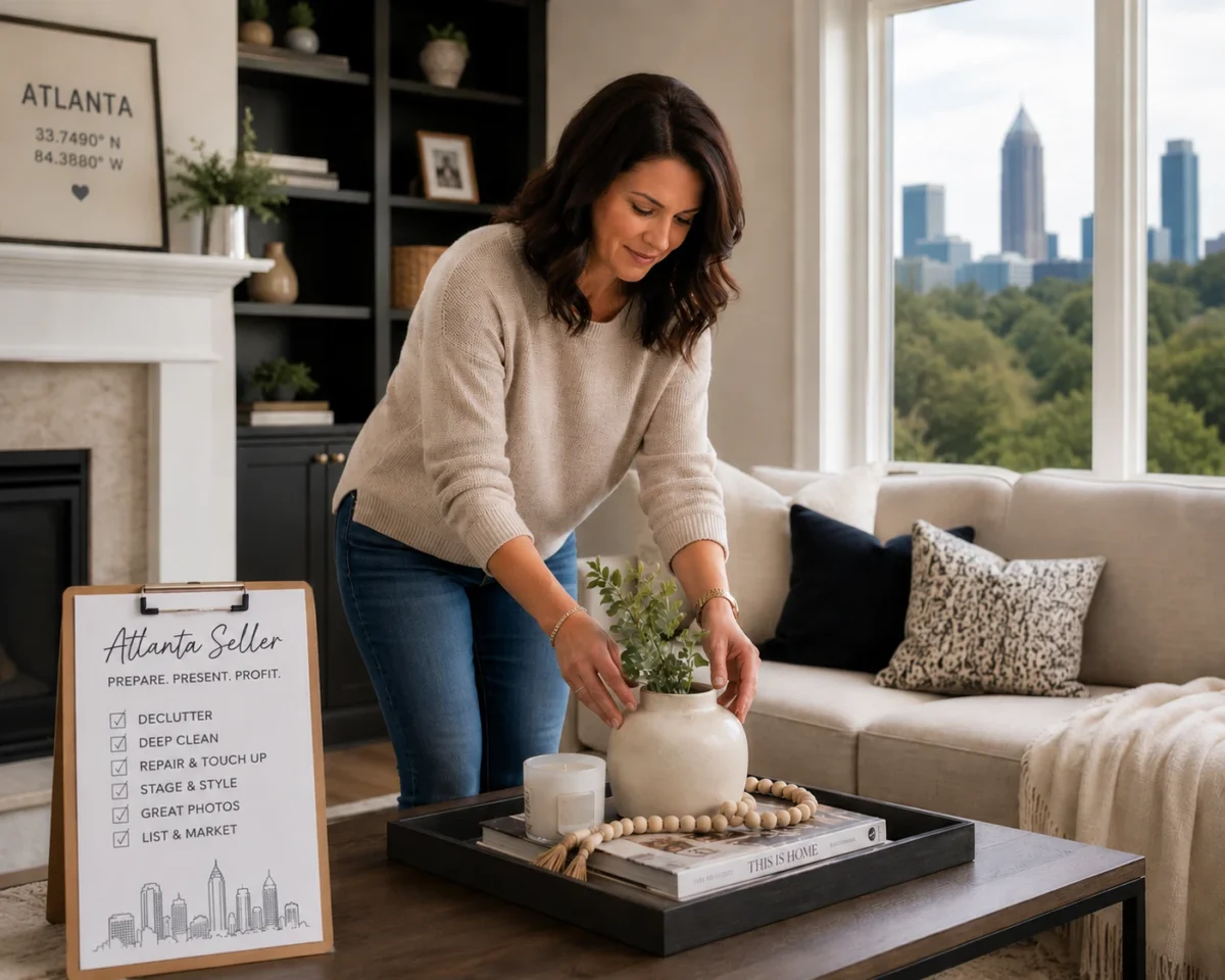 A woman working in a home office with a framed print and a city skyline visible through the window