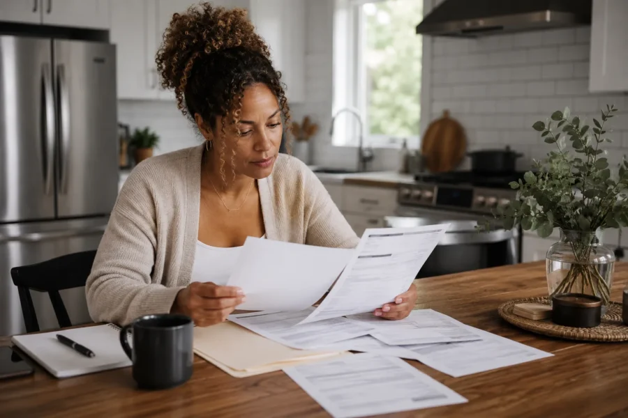 A woman at a kitchen table reading through a stack of disclosure documents