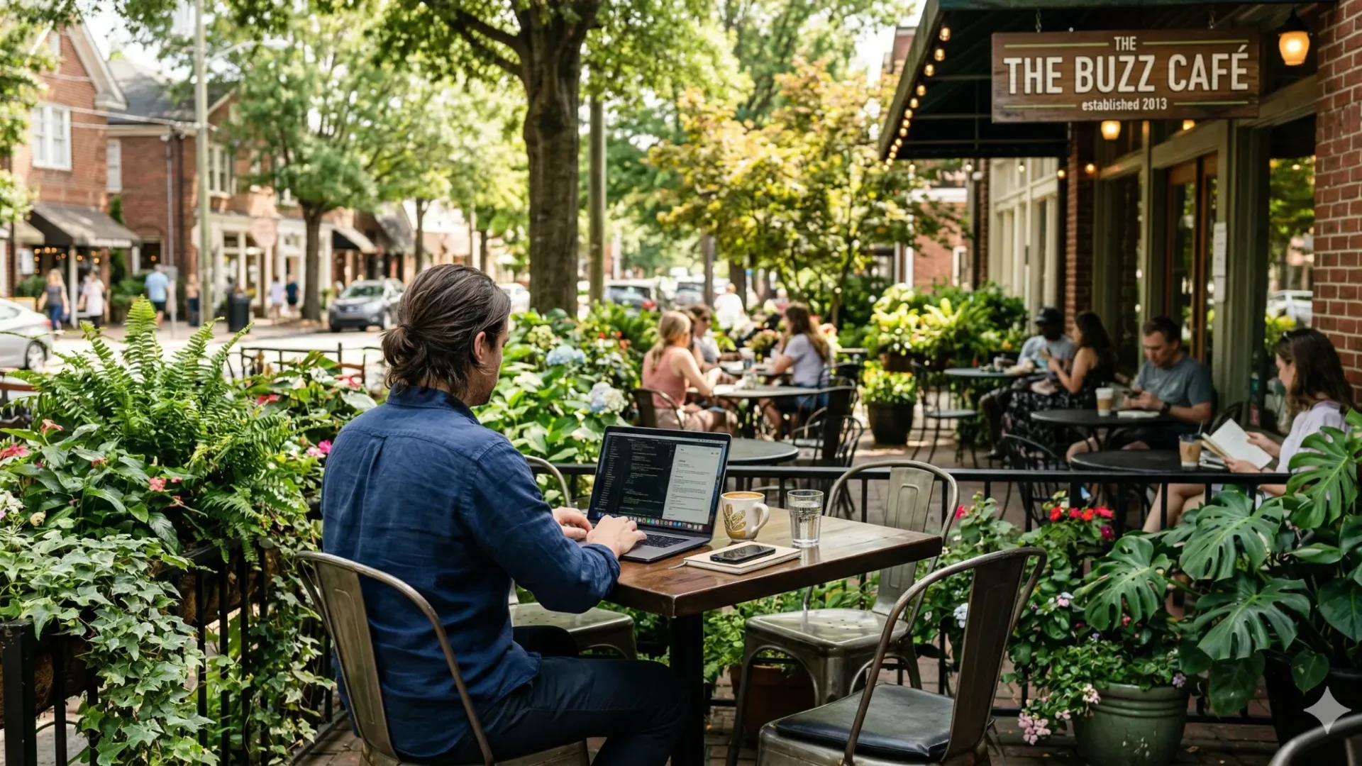 A woman working on a laptop at a cafe patio table on a shaded commercial street