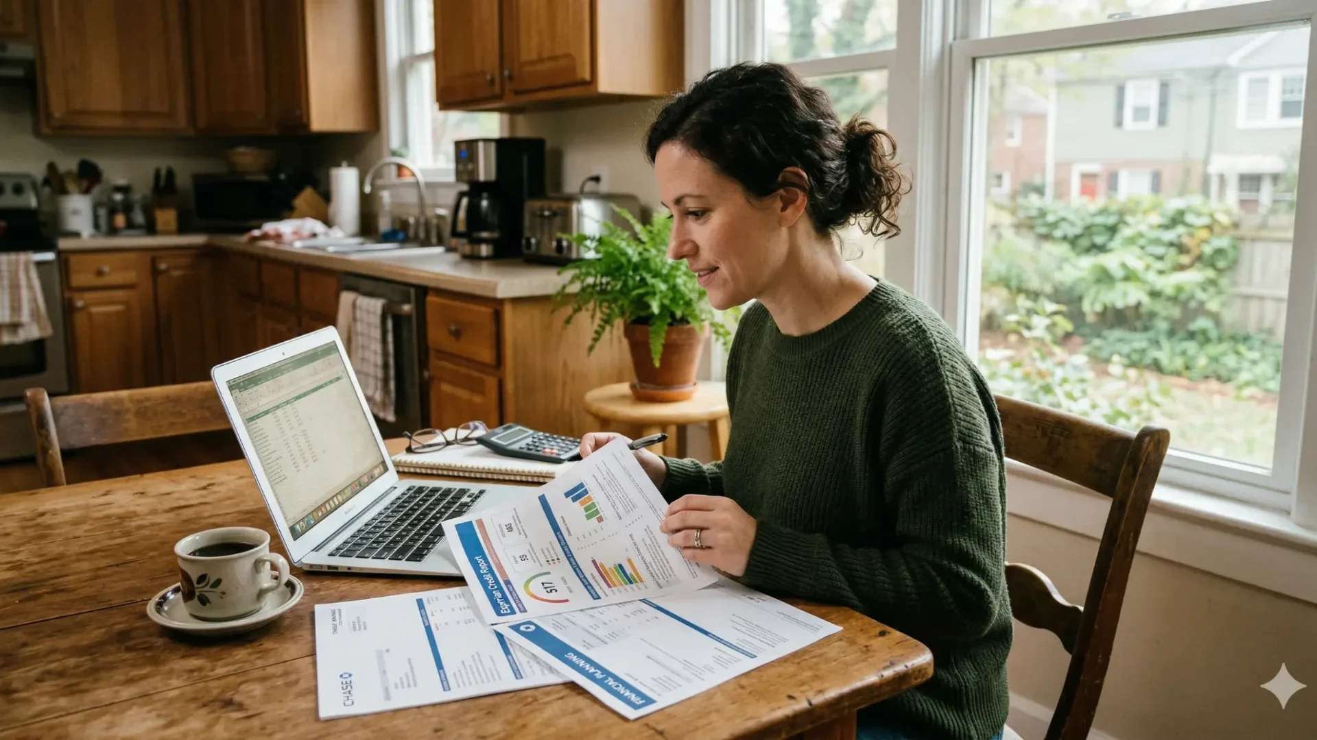 A woman at a kitchen table working on a laptop with printed assistance programme brochures in front of her