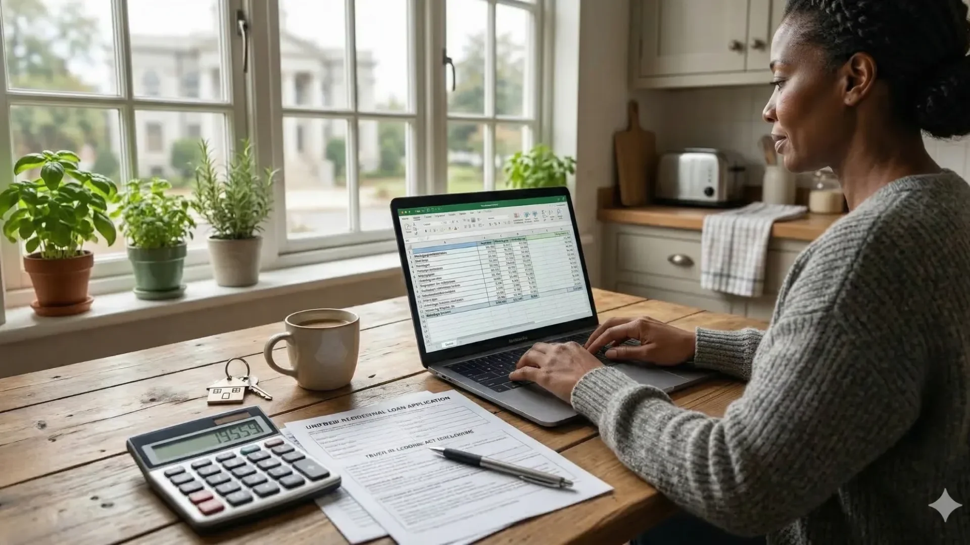 A woman working at a laptop spreadsheet with a calculator and printed figures beside her