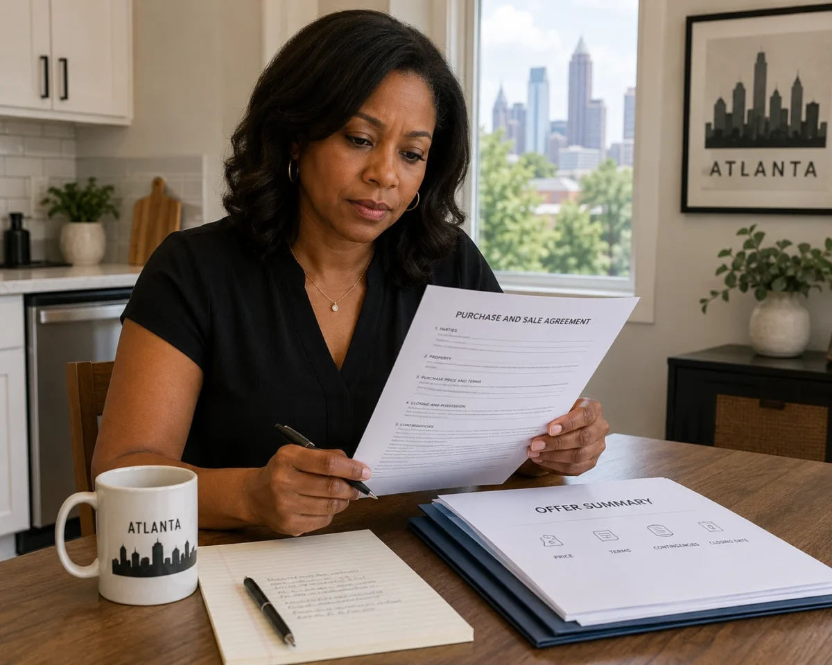 A woman at a kitchen table reading a purchase and sale agreement with an offer summary page in front of her