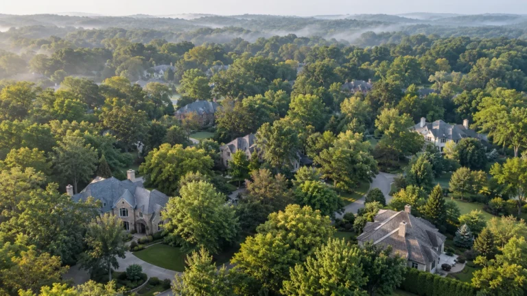 An elevated view across an affluent wooded residential district, large homes with slate and cedar roofs set among a deep hardwood canopy under morning haze