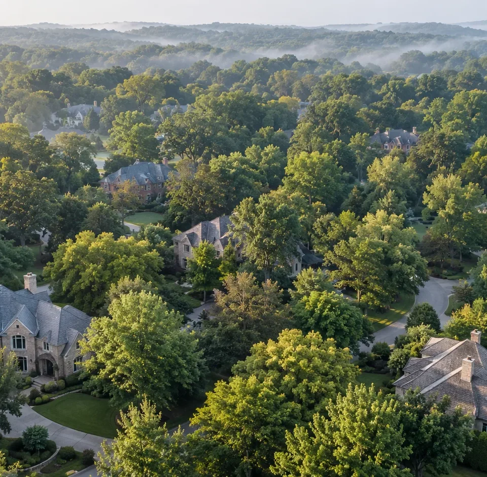 An elevated view across a wooded residential district