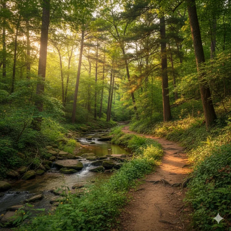Creek running through a wooded ravine beside a dirt footpath