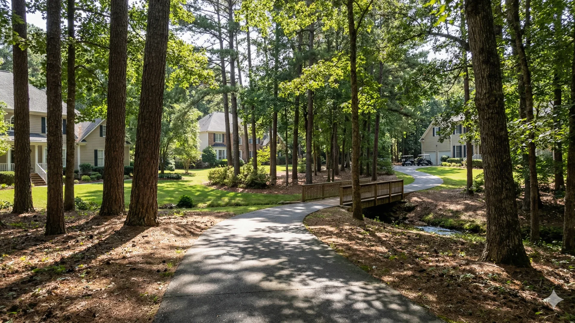 Wooded street with a creek crossing and houses set back among tall pines