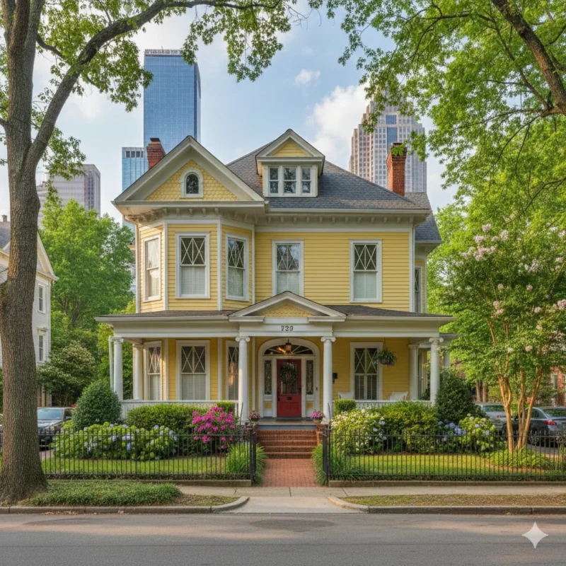 A yellow Victorian house with a columned porch behind a garden fence, with the skyline rising behind it