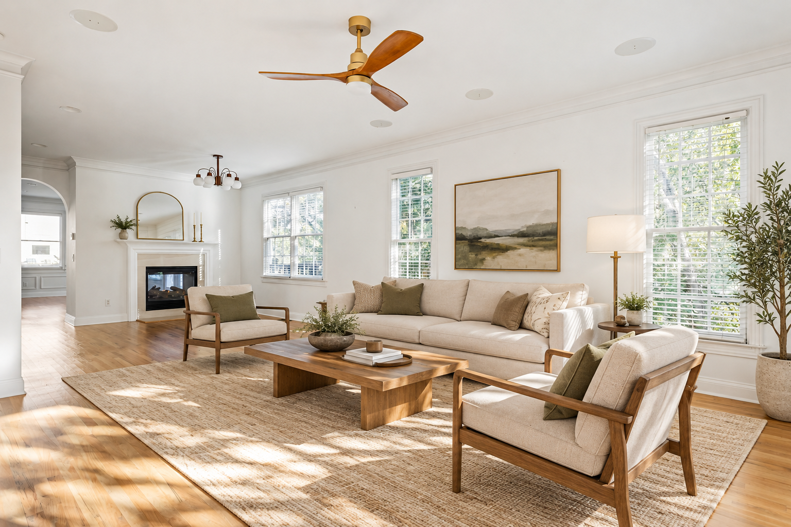 Sunlit living room with a fireplace and tall windows