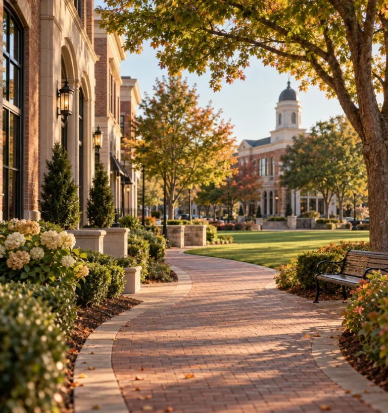 Brick civic buildings and mature trees along the green in downtown Alpharetta on an autumn morning