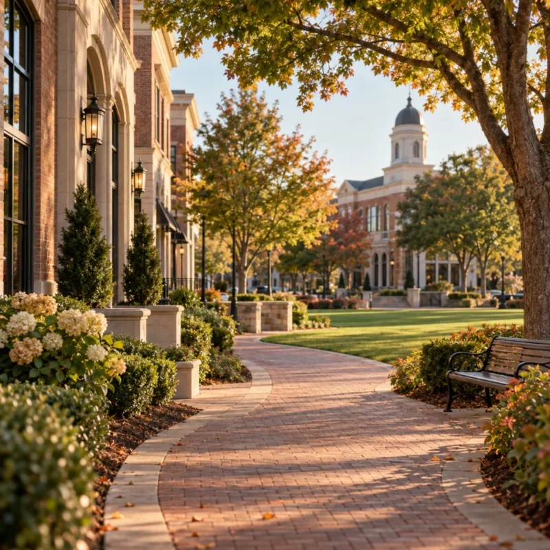 Brick civic buildings and mature trees along the green in downtown Alpharetta on an autumn morning