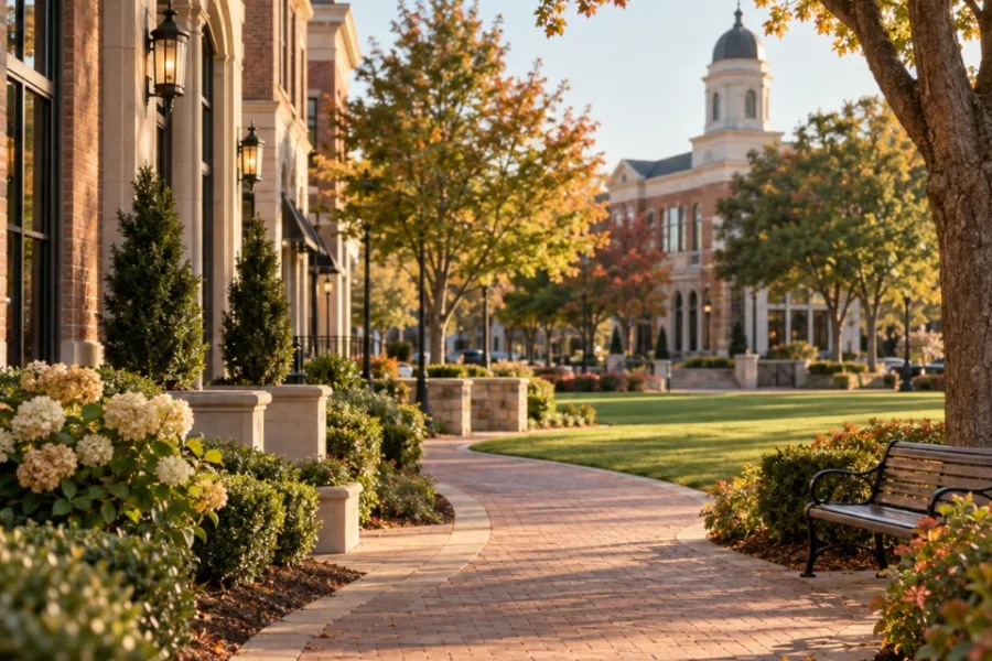 Brick civic buildings and mature trees along the green in downtown Alpharetta on an autumn morning