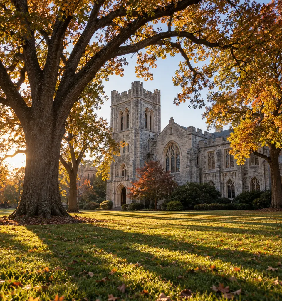 Grey stone collegiate Gothic buildings behind a lawn and mature oaks on an autumn morning.