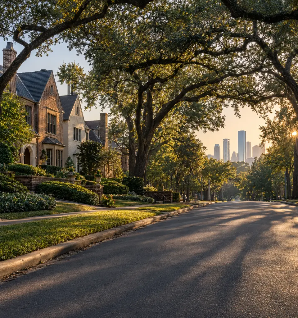 A residential street in Buckhead at sunrise, with oak canopy over the road, brick and stone houses on the left, and the Atlanta skyline visible in the distance.